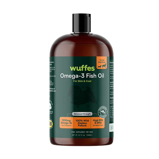 Brown bottle of Omega-3 fish oil supplement for dogs with skin and coat benefits labeled on front