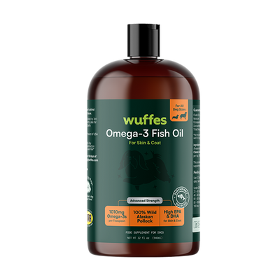 Brown bottle of Omega-3 fish oil supplement for dogs with skin and coat benefits labeled on front