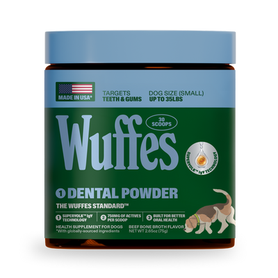Wuffes dental powder container for small dogs, beef bone broth flavor, 30 scoops