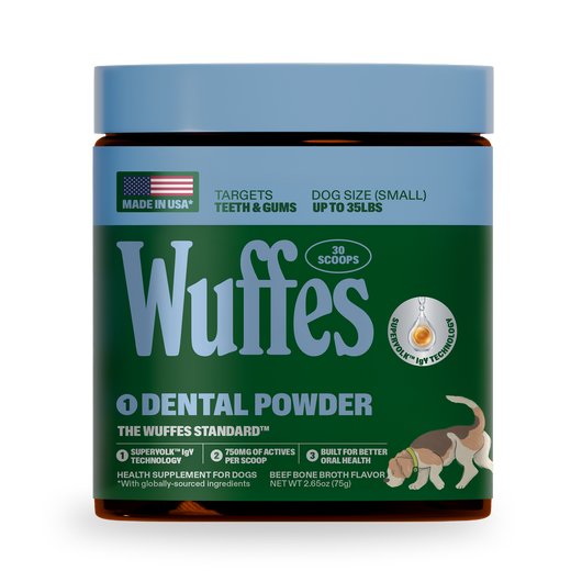 Wuffes dental powder container for small dogs, beef bone broth flavor, 30 scoops