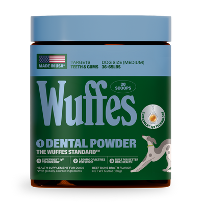 Container of Wuffes dental powder for medium dogs promoting oral health and gum care