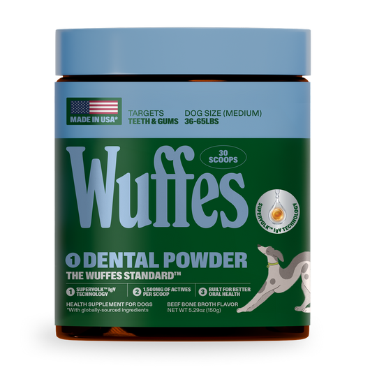 Container of Wuffes dental powder for medium dogs promoting oral health and gum care