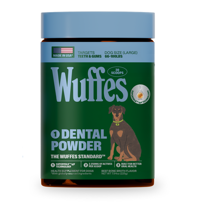 Container of Wuffes dental powder for large dogs with beef bone broth flavor