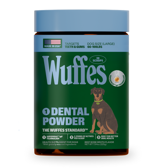 Container of Wuffes dental powder for large dogs with beef bone broth flavor