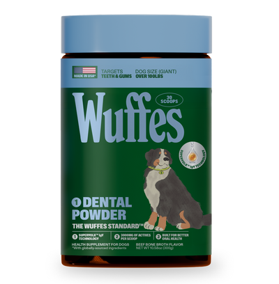 Container of dental powder supplement for large dogs to improve oral health and gums