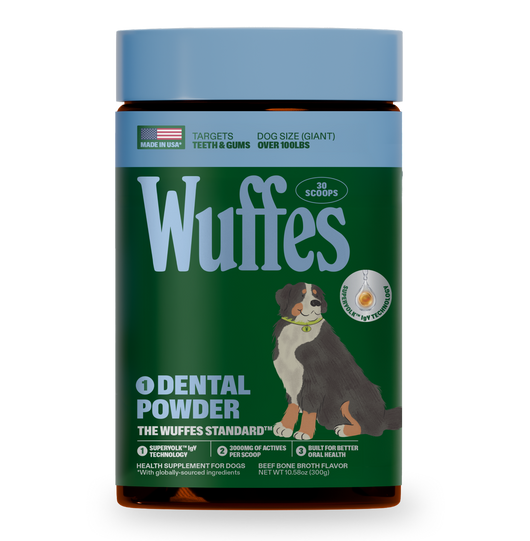 Container of dental powder supplement for large dogs to improve oral health and gums