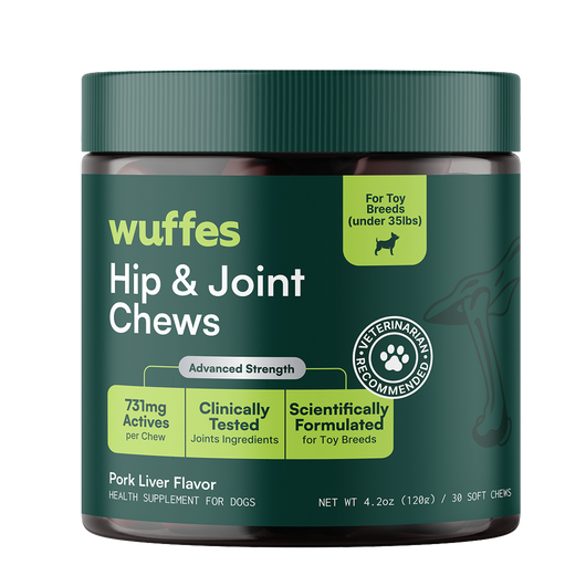 Container of dog hip and joint chews for small breeds with detailed supplement information.
